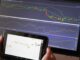 Two screens show stock charts; a tablet in the foreground displays a candlestick chart (DAX) while a laptop monitor in the background shows multiple green and red lines.