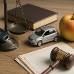 Autoschlüssel, Auto, Apfel und Buch auf dem Richtertisch