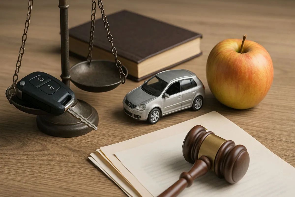 Autoschlüssel, Auto, Apfel und Buch auf dem Richtertisch