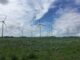 Wind turbines in a flat field under a partly cloudy blue sky; rows of tall towers with red tips.