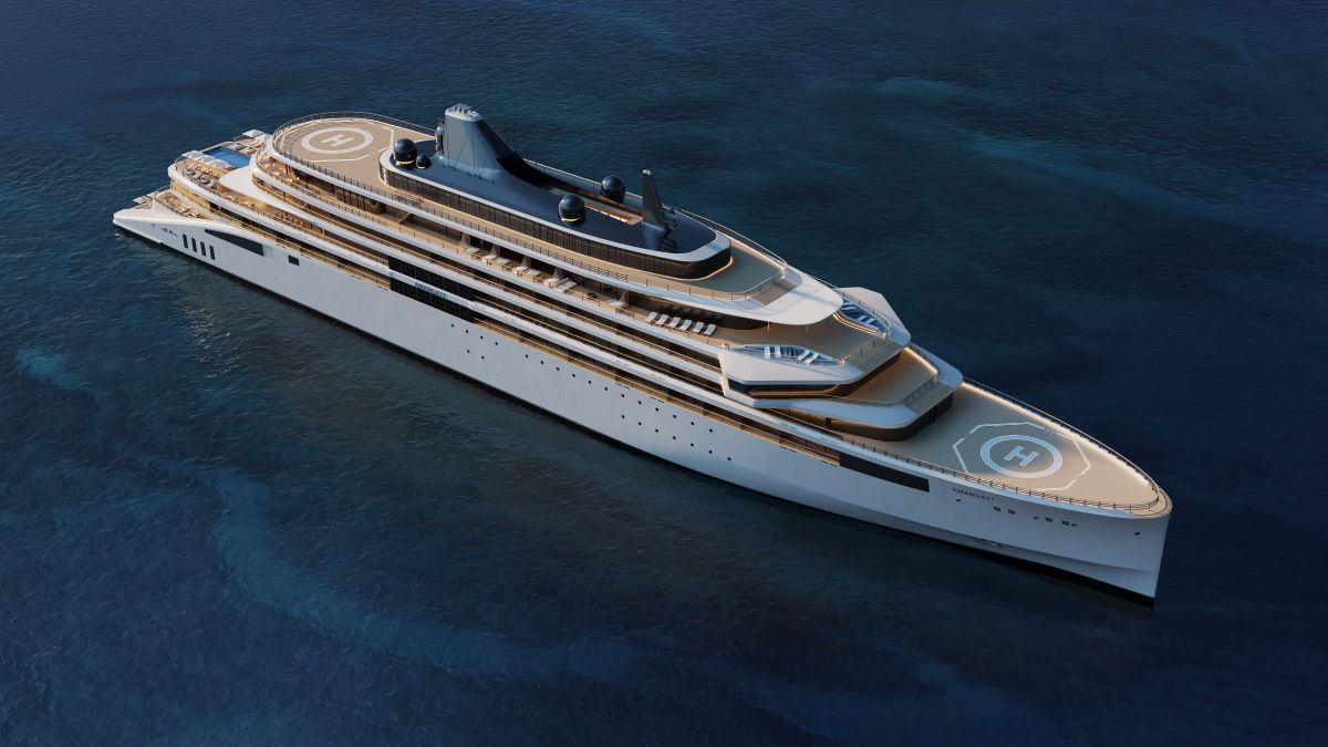 Aerial view of a large white luxury yacht cruising on dark blue ocean, with multiple sun decks and a visible helipad on the bow and stern areas.