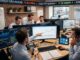 Traders in a busy office monitor multiple charts on large screens, discussing market trends near a whiteboard with wind forecast notes and a ticker banner above.