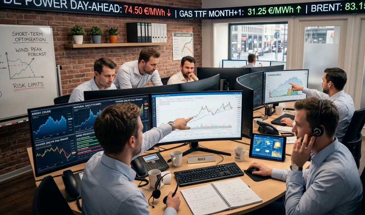 Traders in a busy office monitor multiple charts on large screens, discussing market trends near a whiteboard with wind forecast notes and a ticker banner above.