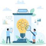 Two scientists study a giant light bulb with an atomic model, symbolizing scientific innovation.