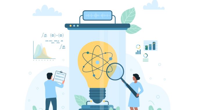 Two scientists study a giant light bulb with an atomic model, symbolizing scientific innovation.