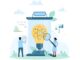 Two scientists study a giant light bulb with an atomic model, symbolizing scientific innovation.