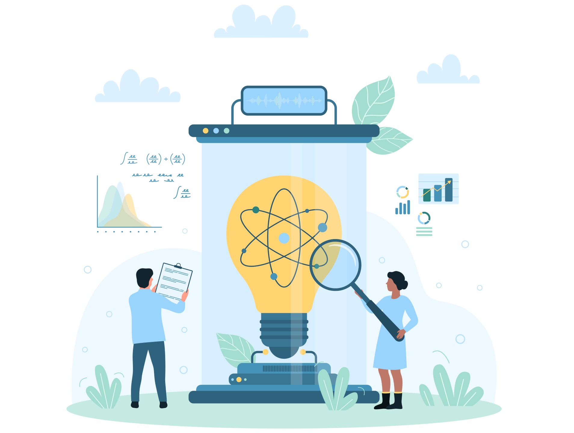 Two scientists study a giant light bulb with an atomic model, symbolizing scientific innovation.