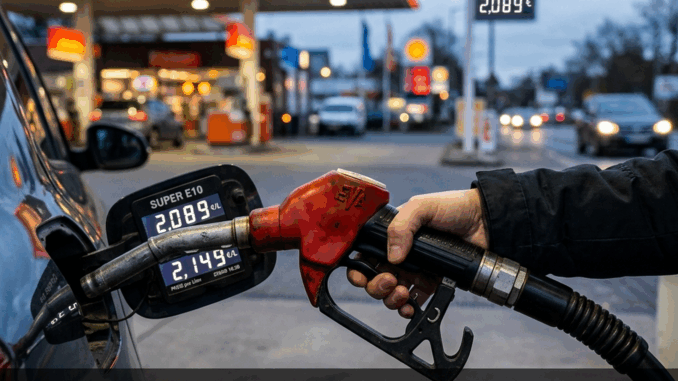 Close-up of a hand gripping a red gas pump nozzle at a fueling station, with a blurred convenience store and cars in the background.