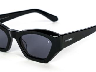 Black sunglasses with rectangular frames and dark lenses; SURI FREY on the temple.
