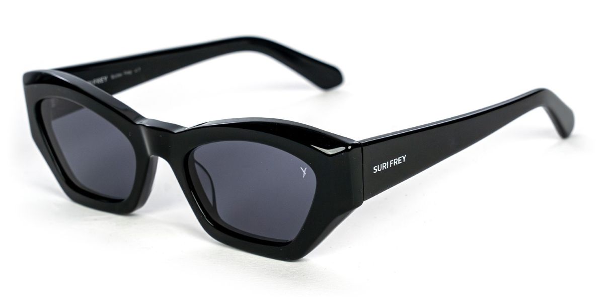 Black sunglasses with rectangular frames and dark lenses; SURI FREY on the temple.