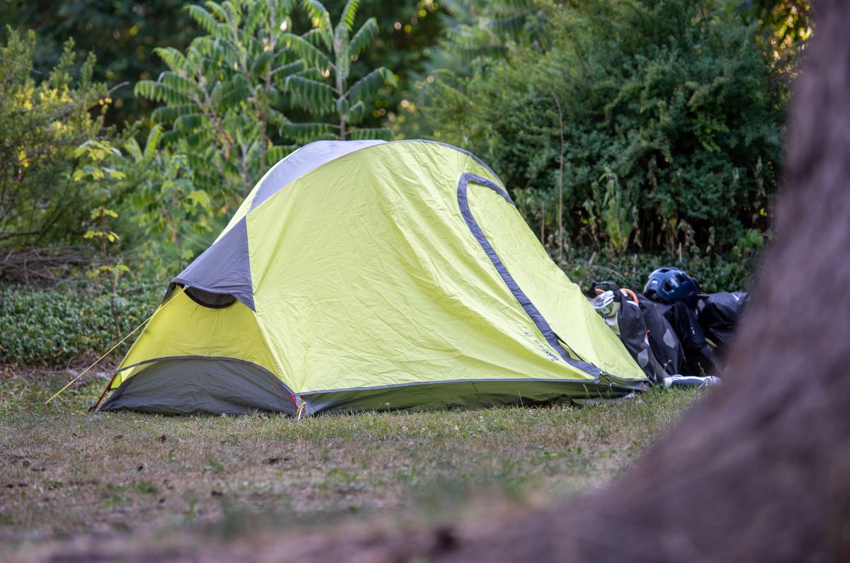 Yellow and gray dome tent pitched on a grassy campsite with trees in the background and camping gear to the right.