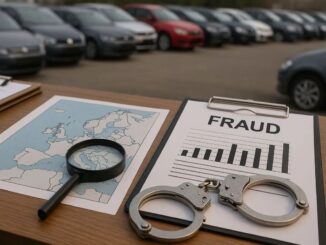 Desk setup for fraud investigation: clipboard labeled FRAUD with a bar chart, handcuffs, magnifying glass, and a map nearby. Vehicles are blurred in the background.