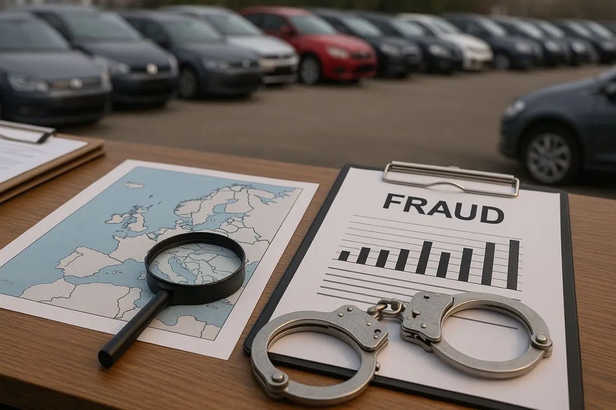 Desk setup for fraud investigation: clipboard labeled FRAUD with a bar chart, handcuffs, magnifying glass, and a map nearby. Vehicles are blurred in the background.