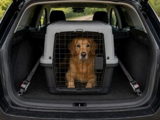 Hund in der Transportbox im Kofferraum