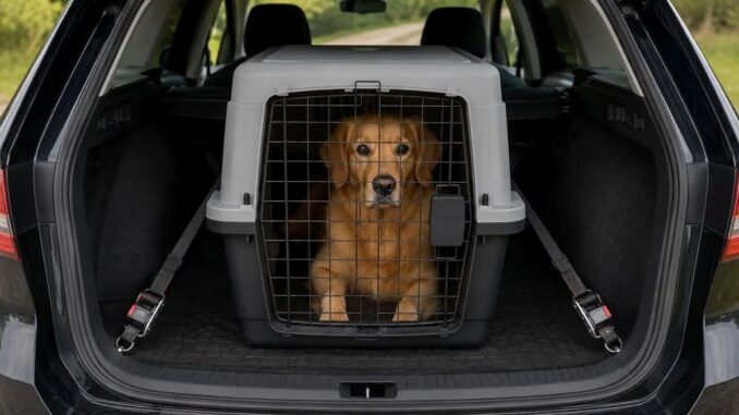 Hund in der Transportbox im Kofferraum