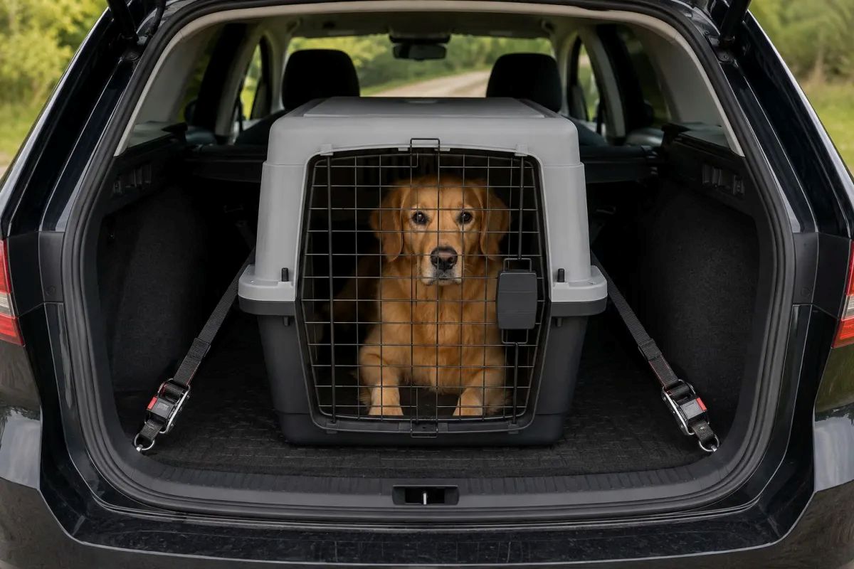 Hund in der Transportbox im Kofferraum