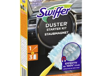 Box of Swiffer Duster Starter Kit displayed in a car interior, featuring the Duster head and visible dust particles on the head area.