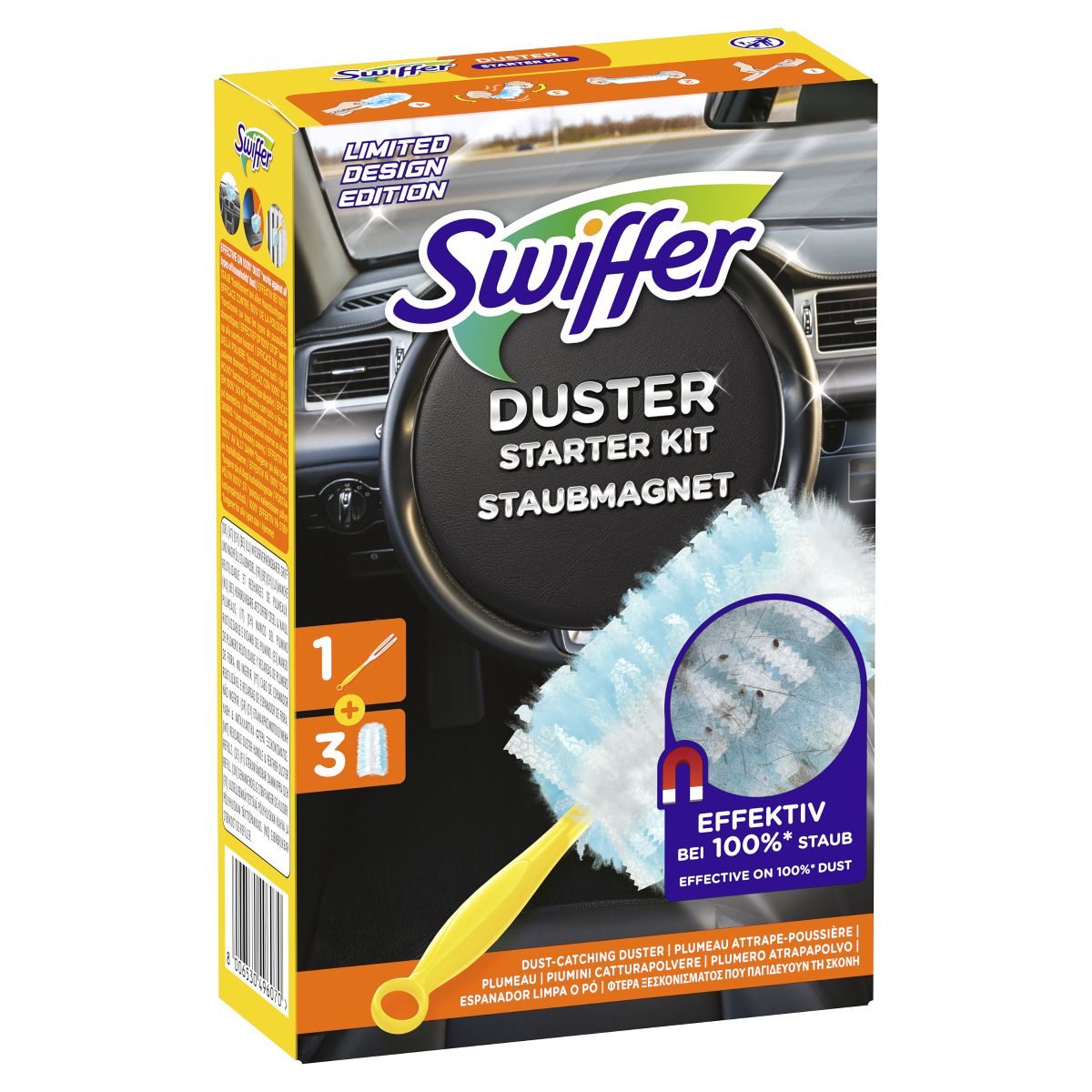 Box of Swiffer Duster Starter Kit displayed in a car interior, featuring the Duster head and visible dust particles on the head area.