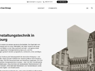 Hero banner for The Cue Group: 'Veranstaltungstechnik in Hamburg' with a sepia-toned cityscape collage.